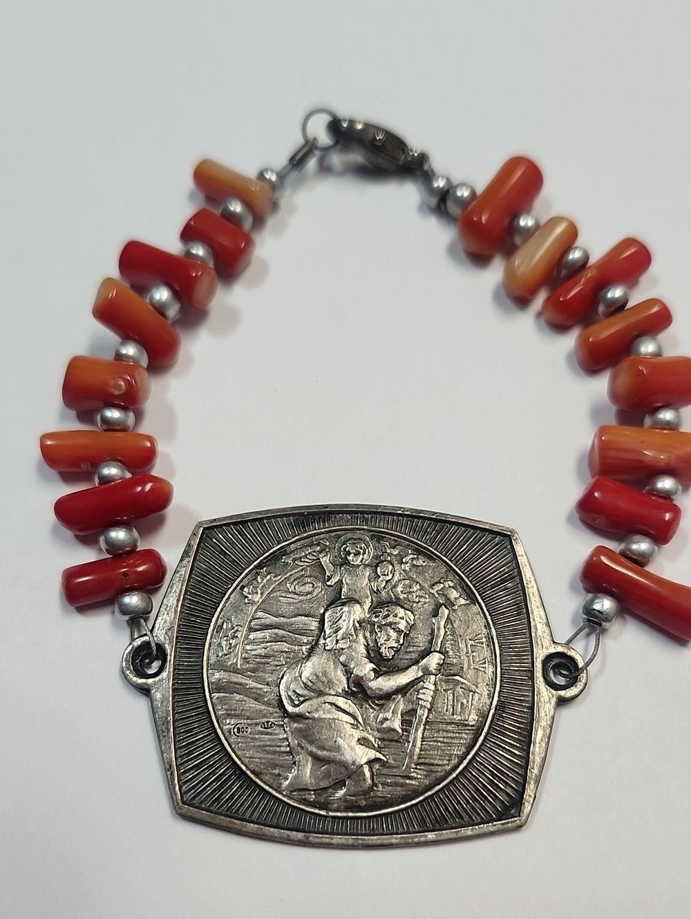 800 Real Silver Vintage Religious Medal Bracelet with Coral Beads 7"